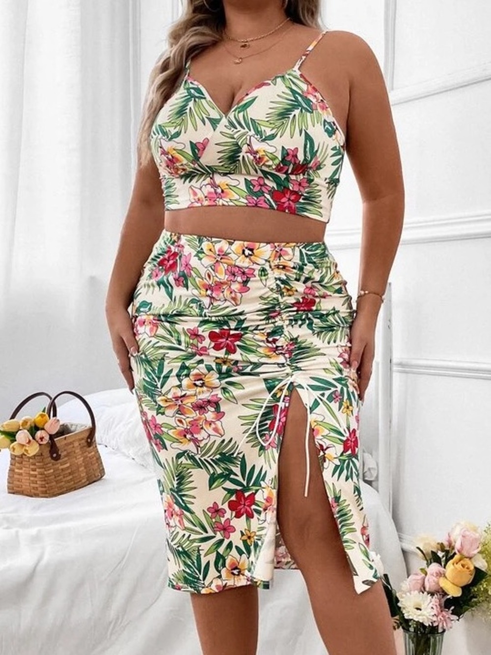 Floral Ruched Midi Skirt in Cream with Tropical Print